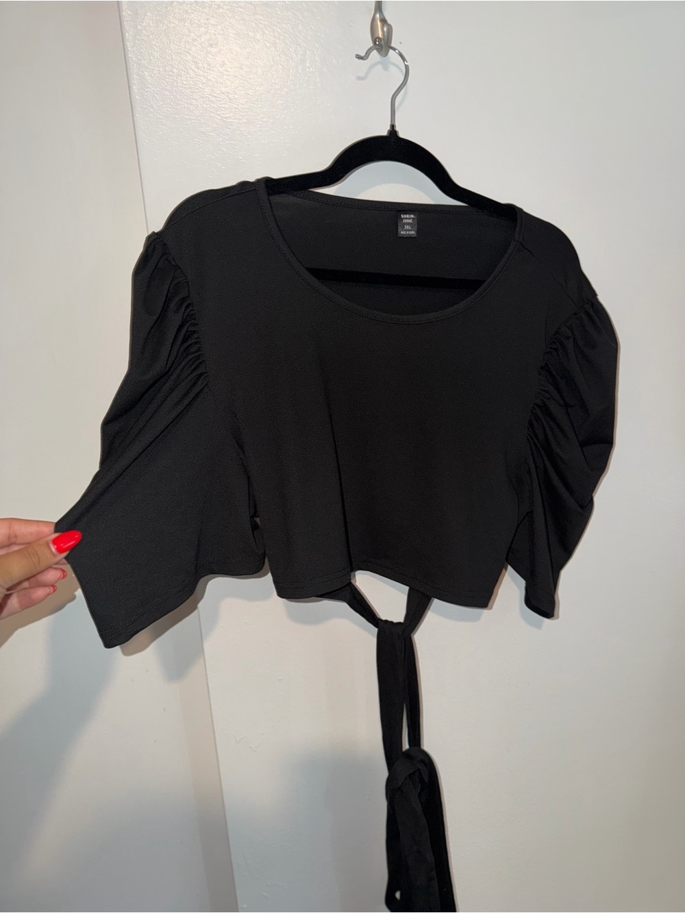 Women’s Plus Black Tie Front Cropped Puff Sleeve Scoop Neck Shirt Size 3XL - Picture 4 of 5